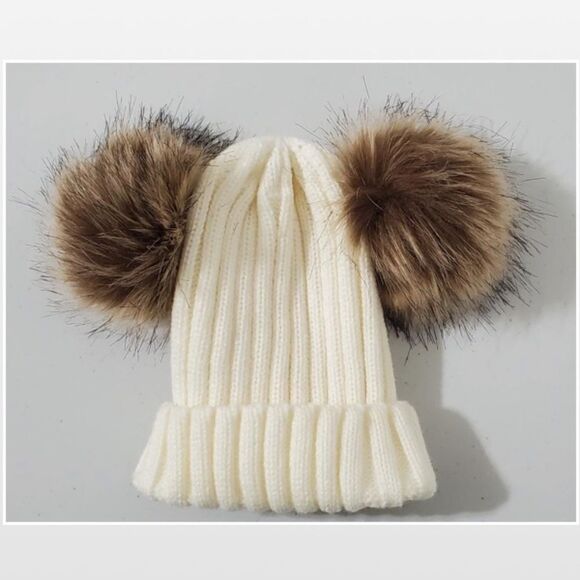 New Double Pompoms Beanie Hat Toddler Kid Cream Chunky Knit - Picture 3 of 14